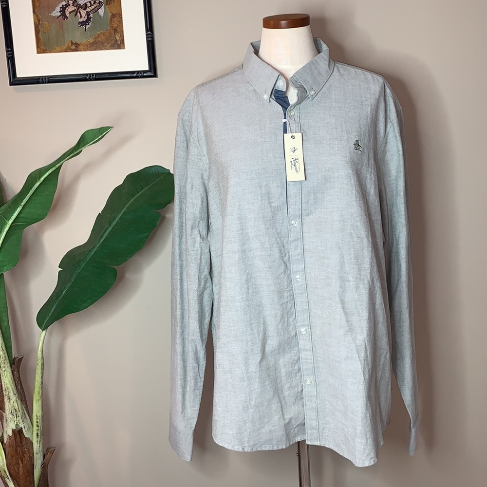 Penguin Heritage Slim Fit Light Blue Chambray Button Down Shirt, Men’s Size XXL